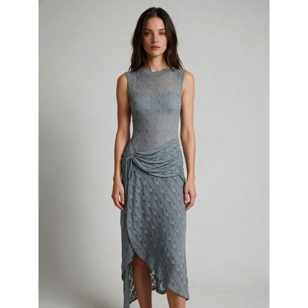 Free People Slate Blue Lace Asymmetric Midi Dress Small S Boho Festival Fairy